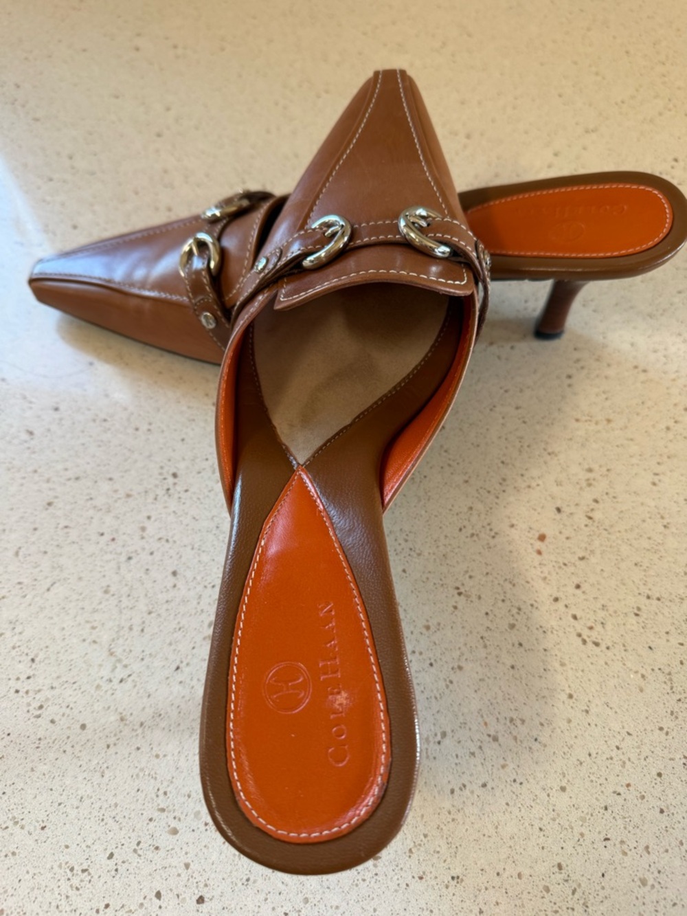 Cole Haan Brown Leather Kitten Heel Mules with Silver Buckle - Picture 6 of 6